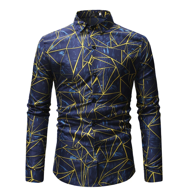 С геометрическим принтом Модная рубашка Для мужчин 2019 Новые Slim Fit с длинным рукавом мужская классическая рубашка Для мужчин s Повседневное