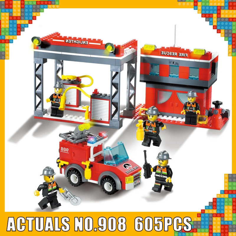 

605pcs City Scaling Ladder Fire Engines Rescue Truck 3D Firefighter 908 Model Building Blocks Children Toy Compatible with legoe