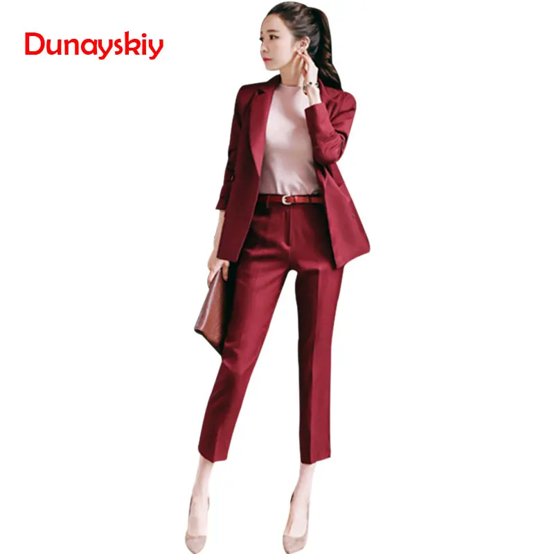 

Women's OL Style Fashion Black Suits Sets / Female Business Coats Solid Color Double Button Suits Blazers +Pants Ankle Length