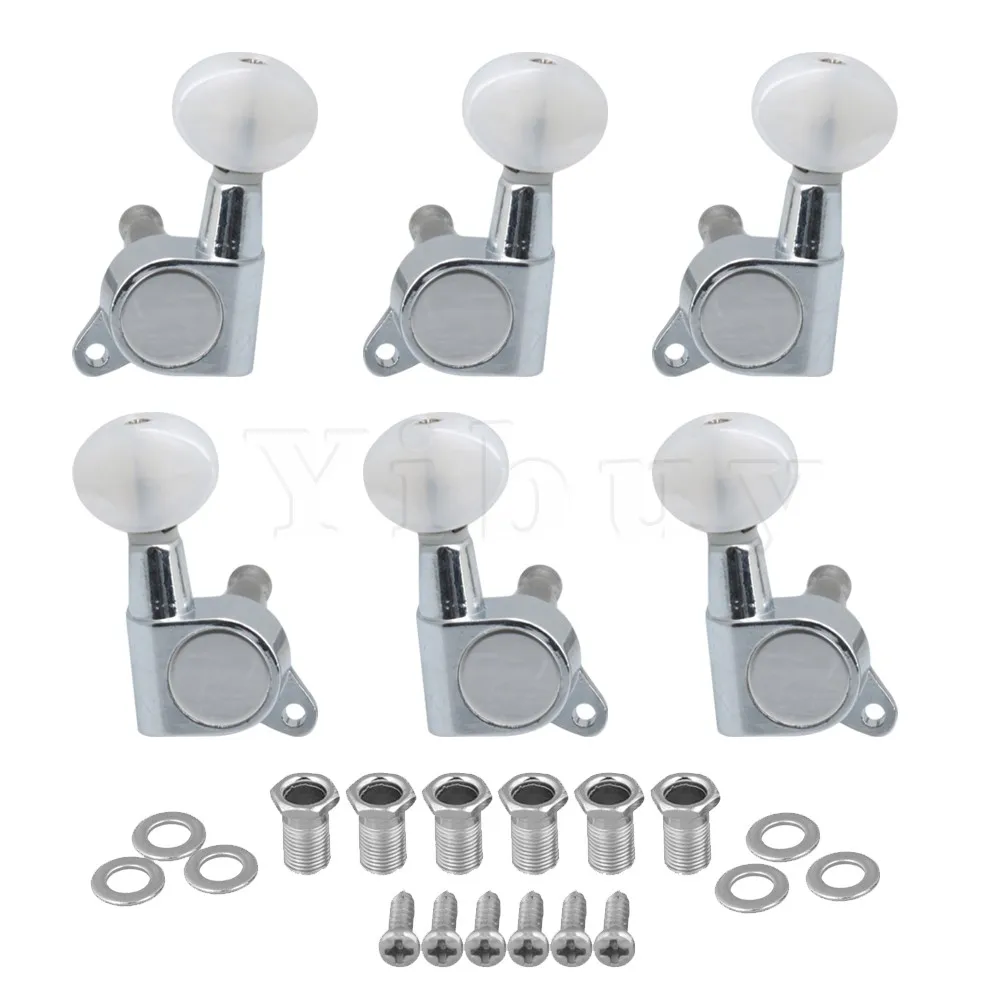 

Yibuy 6pcs 3L3R White Pearl Chrome Folk Guitar Parts Closed Guitar Tuning Pegs