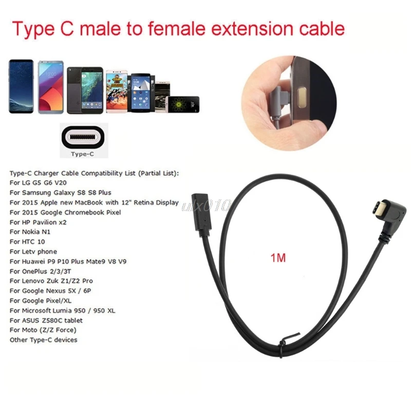 

1m USB 3.1 Type C Male To Female Extension Data Cable 90 Degree Right Angle July1 Drop ship