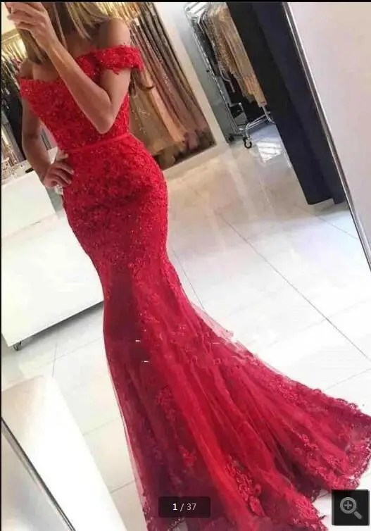 

Robe De Soiree Mermaid red Evening Dress appliques formal Celebrity Dresses off the shoulder beaded evening gowns on sale