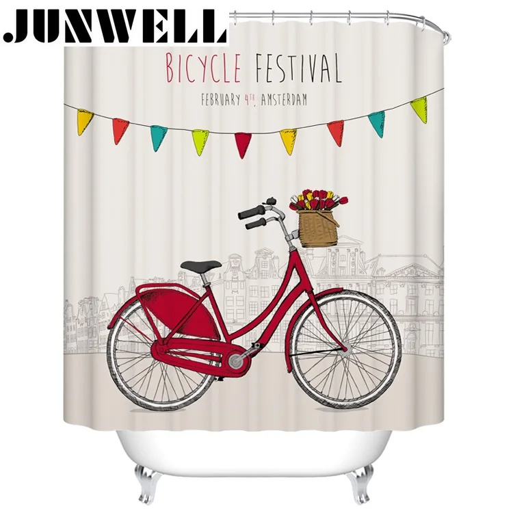 13PCS SET Polyester Waterproof Fabric Shower Curtains with 12 hooks 3D printing Bike bath Curtain set