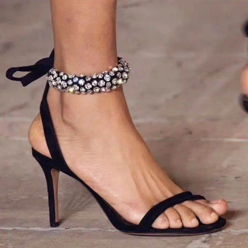 

Womens Peep Toe Suede Leather Strappy Rhinestones Crystal Ankle Strap Slingback Stilettos High Heel Pumps Sandals Shoes A1092
