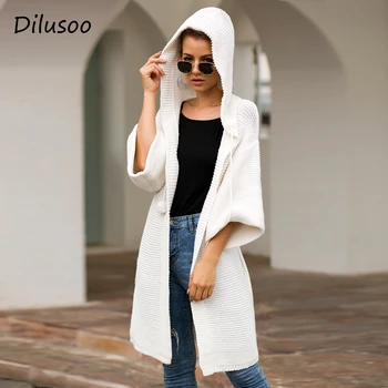 

Dilusoo Hooded Knitted Sweater Women Autumn Cardigan Solid Loose Long Coats Sweaters Female Pocket Casual Winter Jackets Sweater