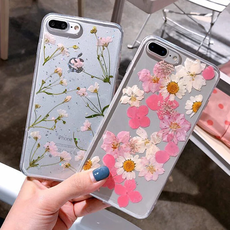 

Real Flowers Dried Flower Transparent Soft TPU Cover For iPhone X 6 6S 7 8 plus Phone Case Flamingo Cover For iphone XS XS Max