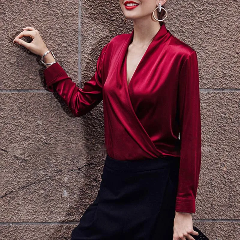 

New Spring Elegant Deep V-Neck Long Sleeve Slim Blouse Women Solid Red Fashion Shirt Tops Offce Lady High Quality