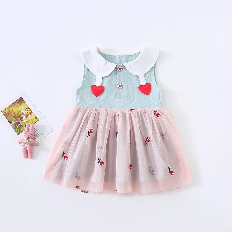 

2019 Summer Baby Girls Sleeveless Doll Collar Heart Patchwork Floral Mesh Princess Party Tutu Dress Kids Cute Sundress vestidos