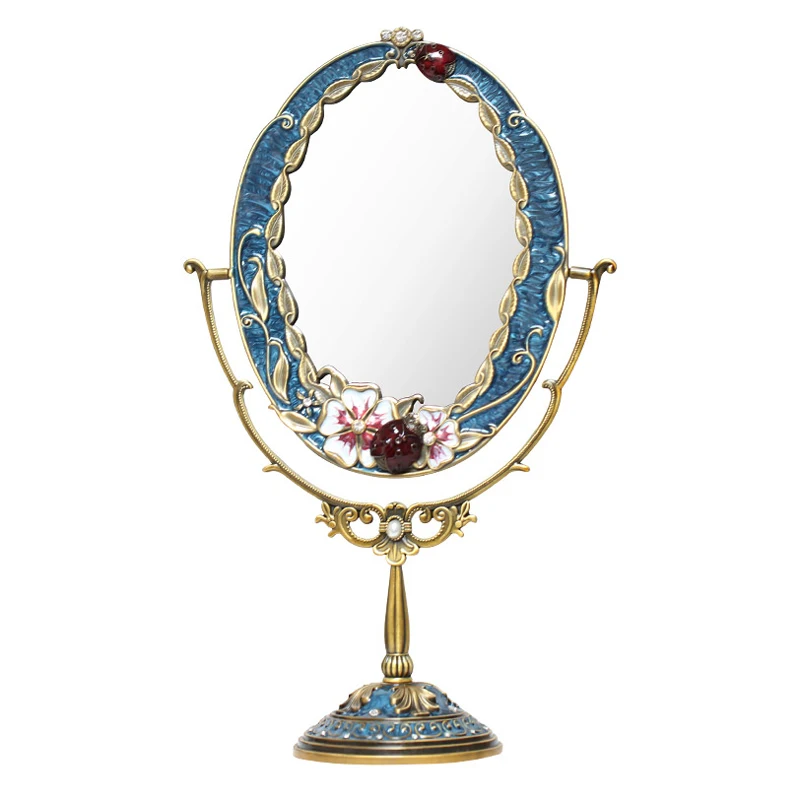 5 European Vintage Brass Blue Flowers and Beetle Design 6x8 inches Oval Tabletop Metal Swing Cosmetic Mirror