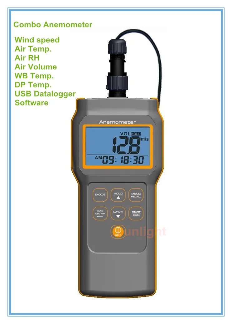 Многофункциональный Анемометр Датчики воздушного потока ветра Скорость температура воздуха. RH объем WB DP temp. 6 в 1 с регистратор и USB Программы для компьютера