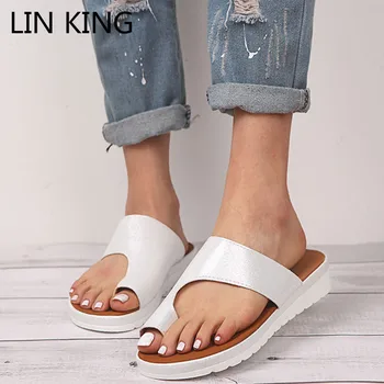 

LIN KING Big Size Women Summer Slippers Comfy Platform Shoes Feet Correct Casual Shoes Thick Sole Lady PU Leather Wedges Slides