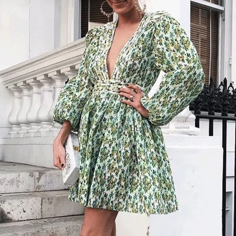 

Cuerly 2019 Elegant deep v neck green print dress summer long sleeve party club pleated dresses sexy fit and flare mini dress