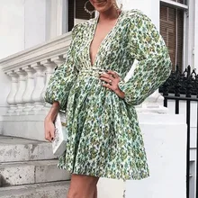 Cuerly 2019 Elegant deep v neck green print dress summer long sleeve party club pleated dresses sexy fit and flare mini dress Cuerly 2019 Elegant deep v neck green print dress summer long sleeve party club pleated dresses sexy fit and flare mini dress