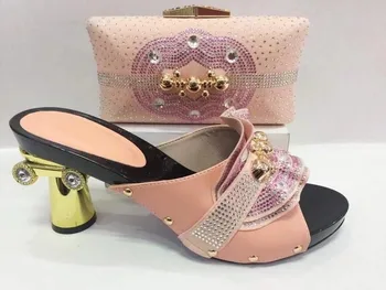 

Hot sale peach flowers women pumps with Big crystal african shoes match handbag set for dress A102,heel 8.5CM