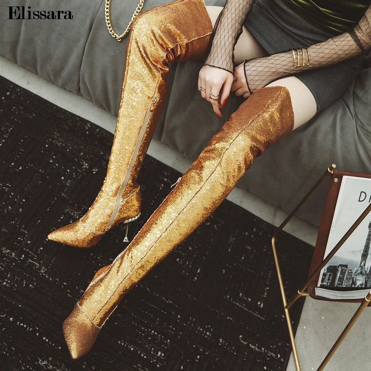 

Women Sexy High Heels Winter Over Knee Boots Shoes Woman Zip Glitter Bling Gold Heels Thigh High Boots Shoes Size 33-43 Elissara