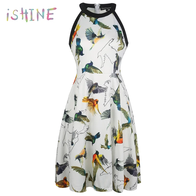

2018 Women Summer Dress Bird Print Sleeveless Round Neck Halter Mini Party Dress Plus Size 5XL