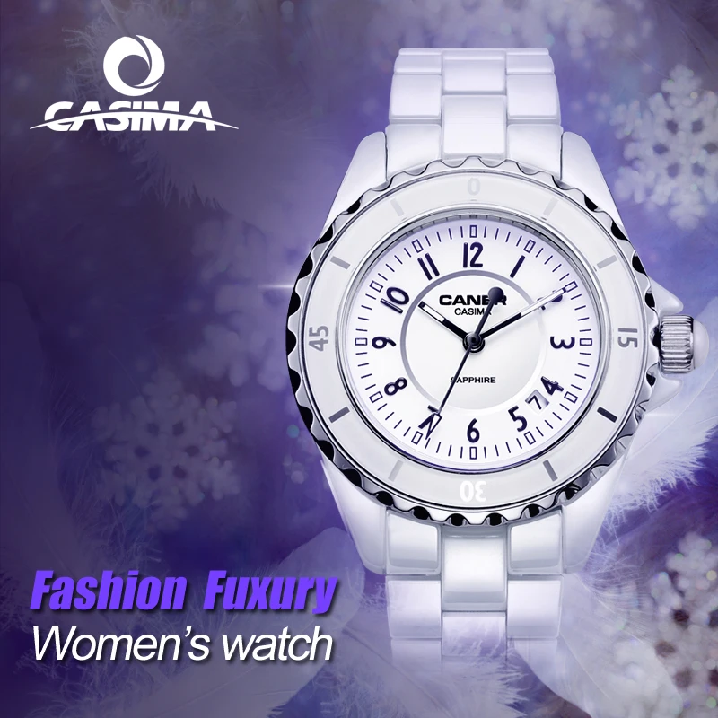 

CASIMA Luxury Fashion Date Waterproof White Ceramic Quartz Ladies Watches with Sapphire Crystal 6702
