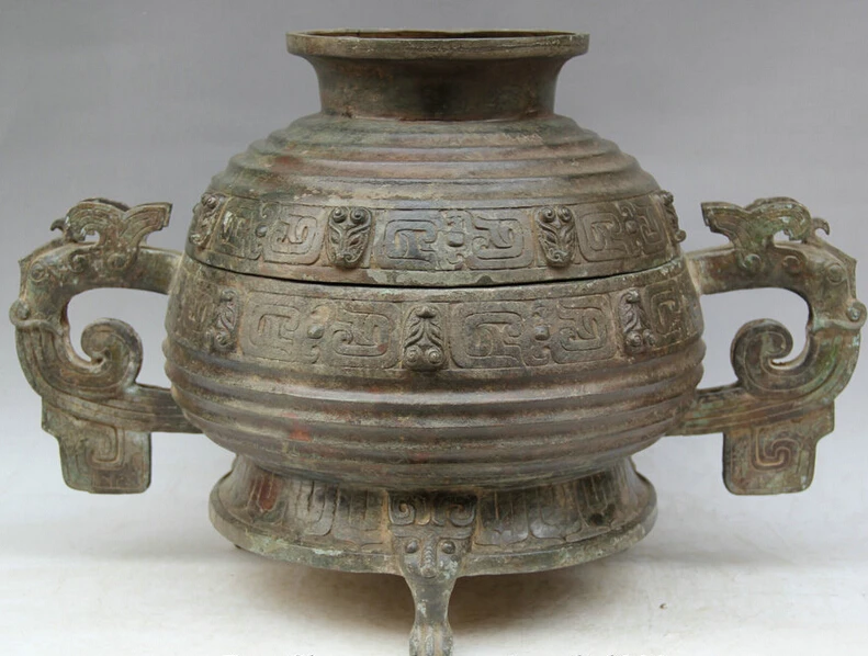 

Elegant old S2152 20" Old Chinese Bronze Folk Beast Bird handle food water vessel Pot Jar Crock statue