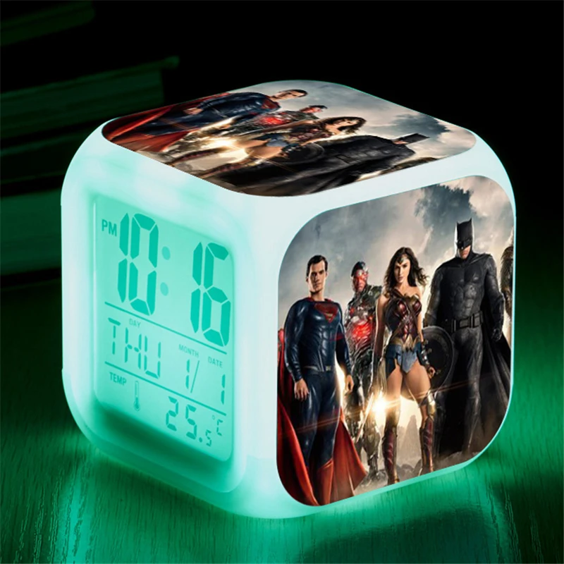 

Justice League Wonder Woman Digital Clock Figure Superhero Anime Superman Batman The Flash Alarm Clock Despertador Toys Doll