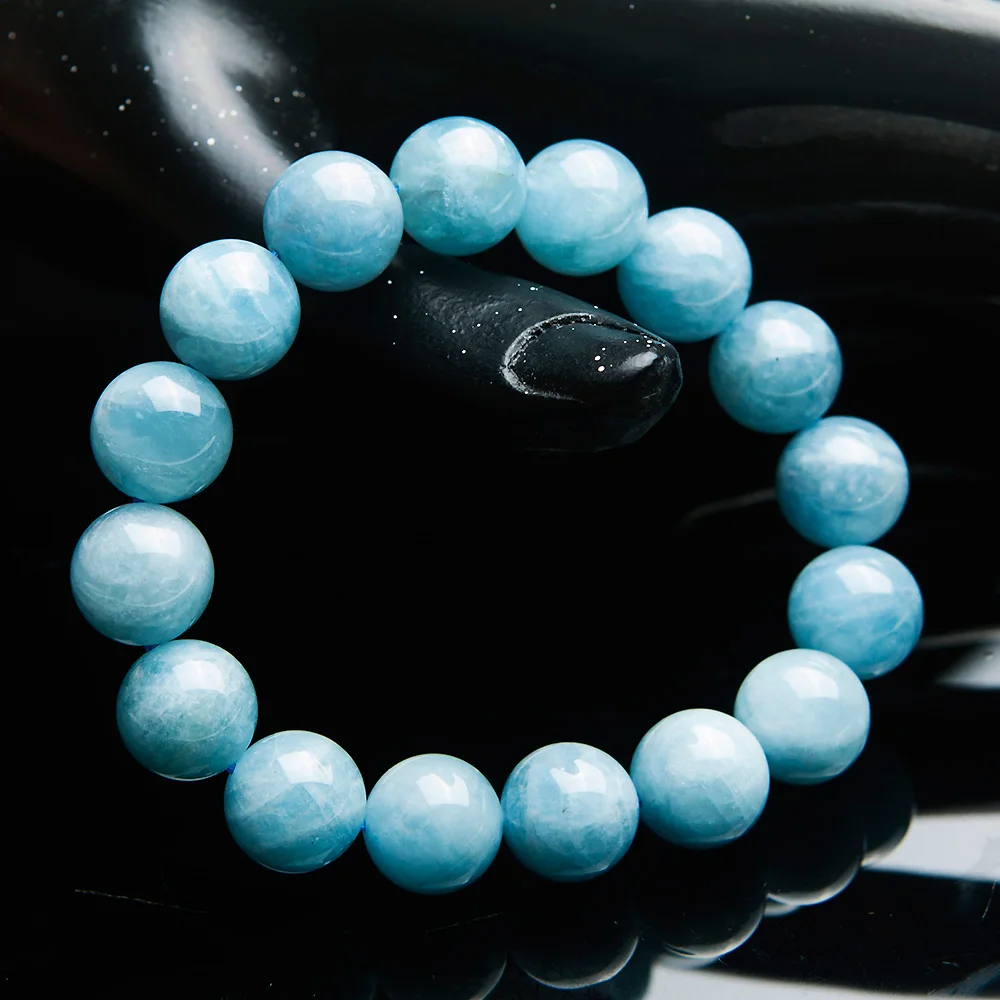 

Genuine Natural Blue Ice Aquamarine Bracelet Women Men 14mm Stretch JewelryCrystal Clear Round Bead Stone Bracelet AAAAA