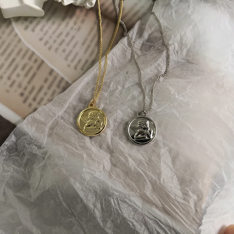GHIDBK золото серебро ангел-хранитель медальон ожерелье с кулонами в виде монет защита Херувим Купидон Чокеры религиозные воротники ювелирные изделия