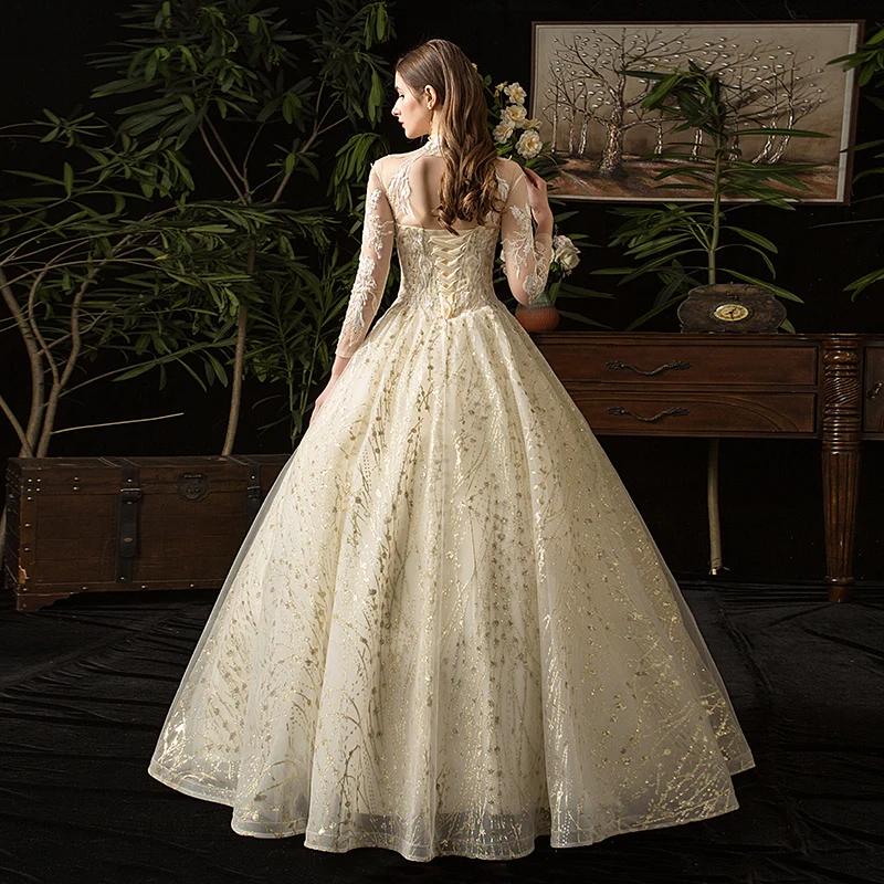 Высококачественное блестящее Золотое свадебное платье с вышивкой, кружевное платье с аппликацией, Свадебное бальное платье размера плюс, Vestido De Noiva 35