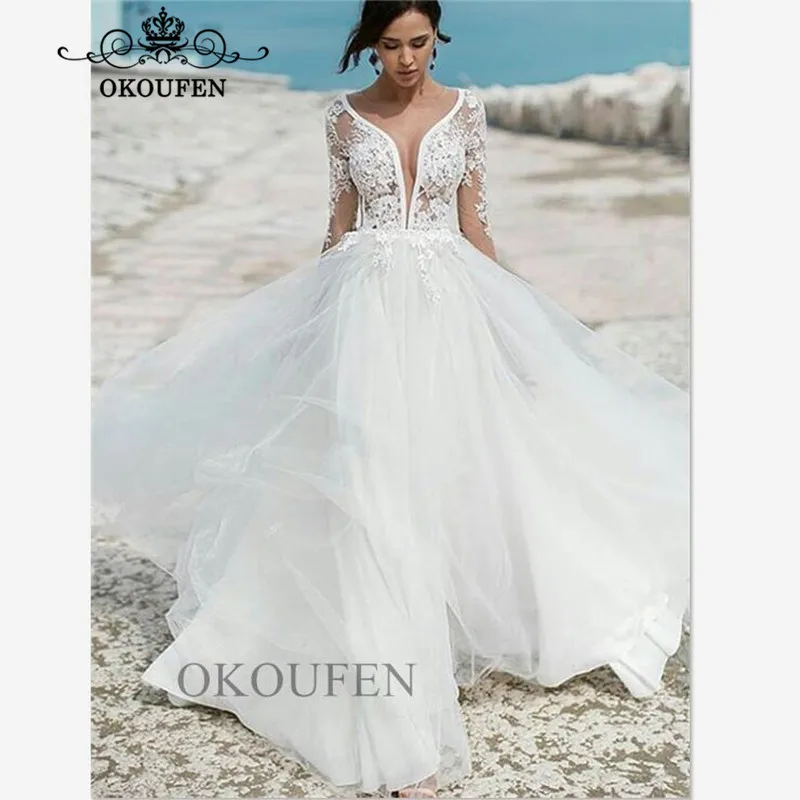 

Sheer Lace Long Sleeves Wedding Dress For Women 2019 Gorgeous Deep V Neck White Tulle A Line Bridal Dresses Vestido De Noiva