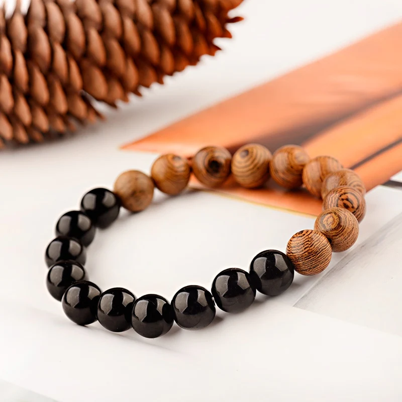 

Ethnic Charm 10MM Wood Stone Beaded Bracelet Men 2019 Natural Stone Beads & Bangles For Women Prayer Indian Jewelry