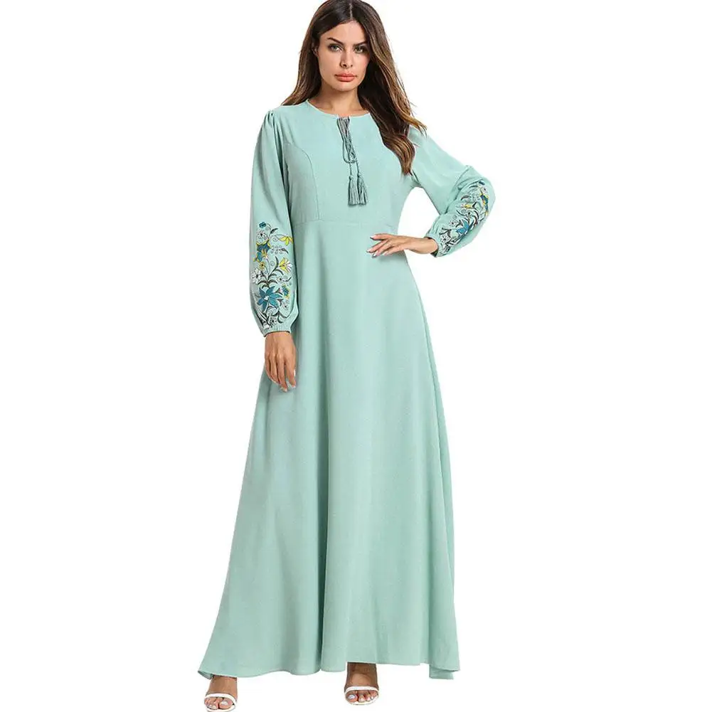 

2019 New Yfashion Women Large Size Solid Color Embroidered Lacing Long Sleeve Dress