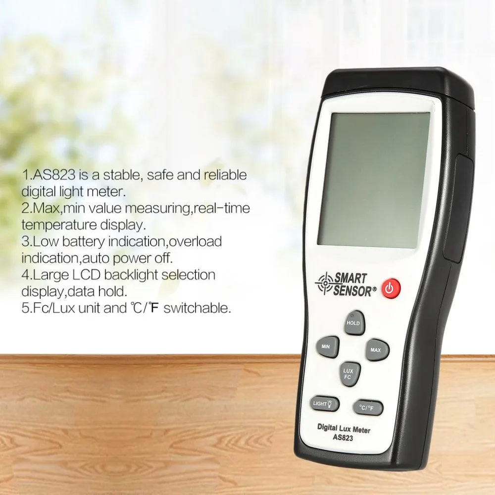 

Smart Sensor AS823 Digital Handheld Light Lux Meter Illuminance 200,000 Lux/FC Luminometer Photometer Lighting Tester Luxmeter