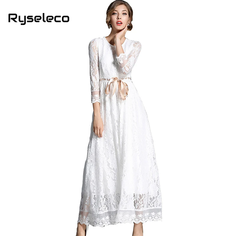 Hot Women White Crochet Floral Lace Hit Color Slashed Bow Ties Slim Long Party Dresses Lady Brief Lolita Maxi Swing Vestidos XXL long-white-lace-dress