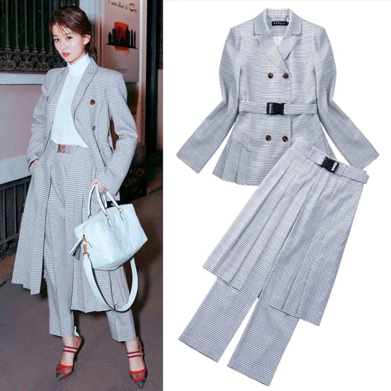 2019 Spring Qiaoxinmingxing Network Red Same Fashion Temperament Suit Notched Double Breasted Plaid Women Blazers and Jackets