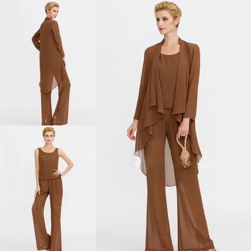 

3 Piece Mother of the Bride Dresses Chiffon Long Sleeve Plus Size Custom Elegant