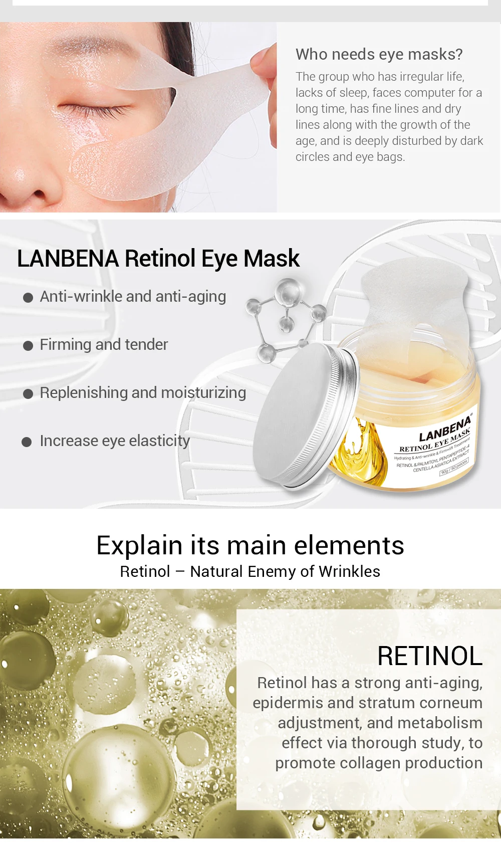 LANBENA маска для глаз Retinol, гиалуроновая кислота, сыворотка для глаз, уменьшает темные круги, мешки, морщины у глаз восстанавливающий, увлажняющий подтяжка кожи уход за кожей