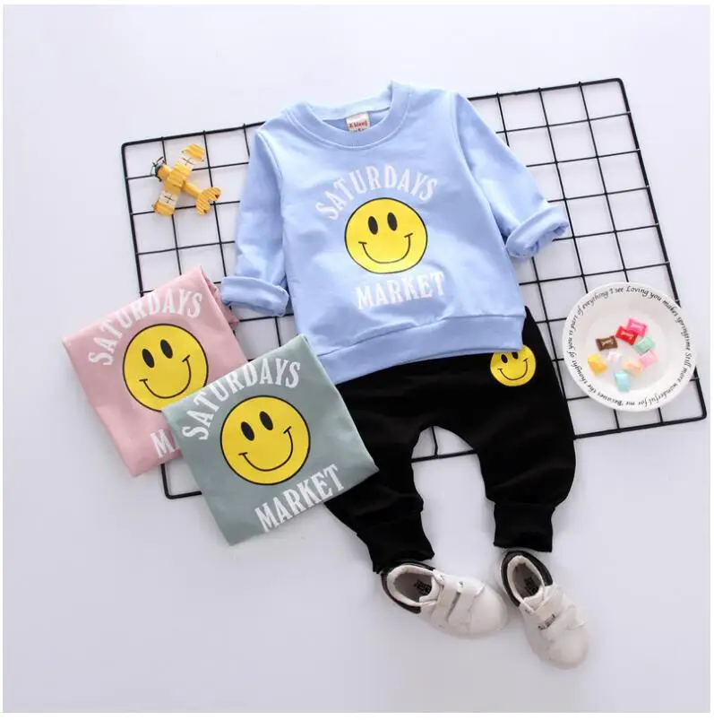 

ZWXLHH2019 Spring Baby Girls Boys Clothing Sets Infant Clothes Suits Smiley Face T Shirt Pants Kids Children Costume