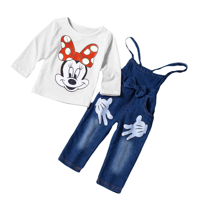 

Minnie Girls Spring And Autumn Pants Boy Children LongSleeve T-shirt + Jeans Twinset Baby Toddler Leisure Suit