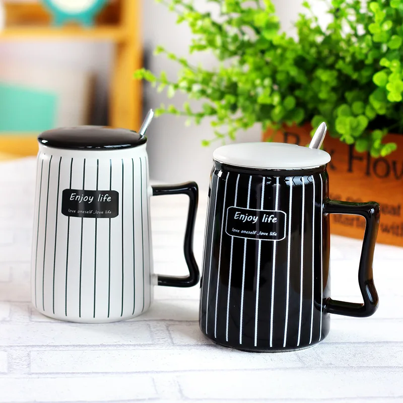 

Simple Black White Striped Ceramic Coffee Cup With A Covered Spoon Creative Mug Cup Letter Pattern Self Stirring Mug Milk Mug