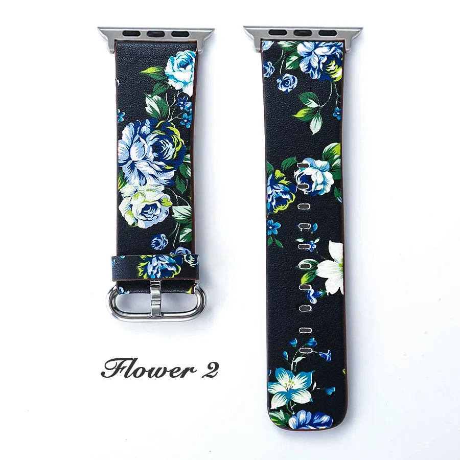 Flower No. 2 Кожаные Цветочные набивные ремешки для Apple Watch 38 мм 42мм 40мм 44мм женщин ремешок на часы для iwatch 4 - Цвет ремешка: Flower No. 2