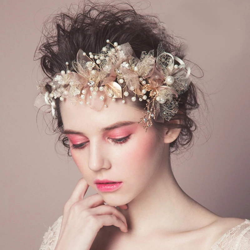 

Leaf Hair Jewelry Bride Headbands Handmade Flower Tiara Gold Color Simulated Pearl Crystal Hair Accessories Wedding Headpiece