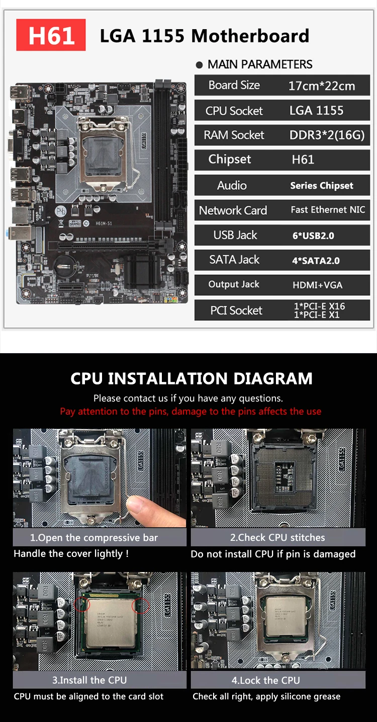 LGA 1155 H61 Socket материнская плата двухканальная память DDR3 Micro-ATX интегрированная графическая Поддержка Intel i3 i5 i7 H61M-S1 материнская плата