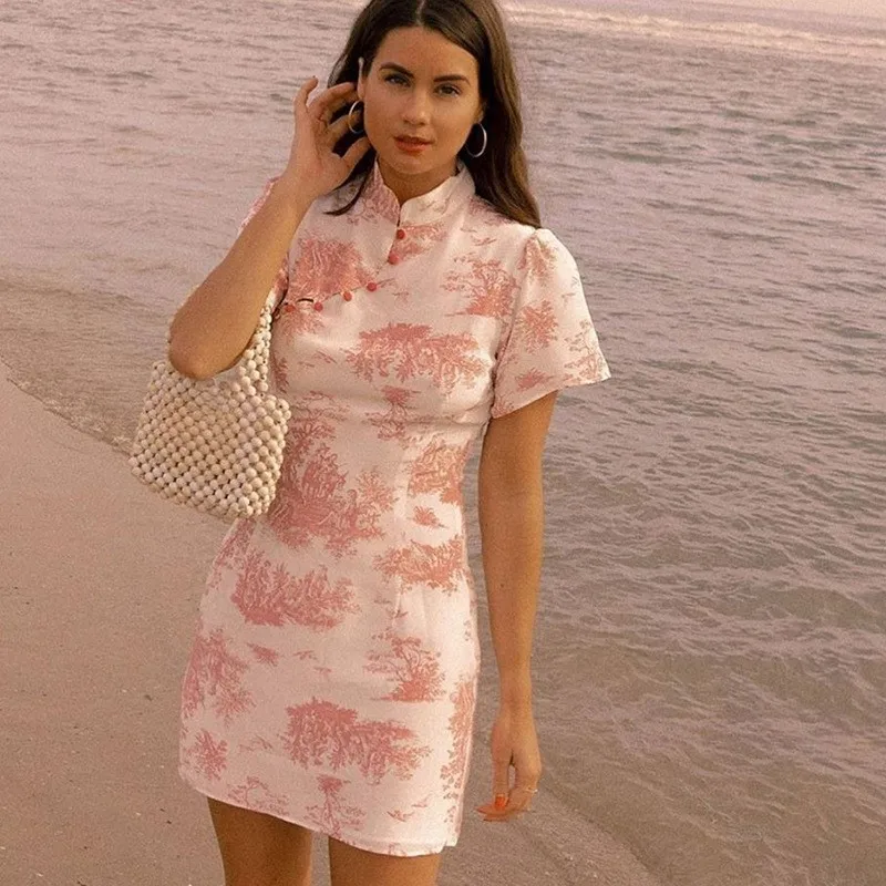 

2019 Summer Printed Chiffon Dress Women Vintage Cheongsam Mini Dress Ladies Chinese Style Sheath Dress cwd0543-5
