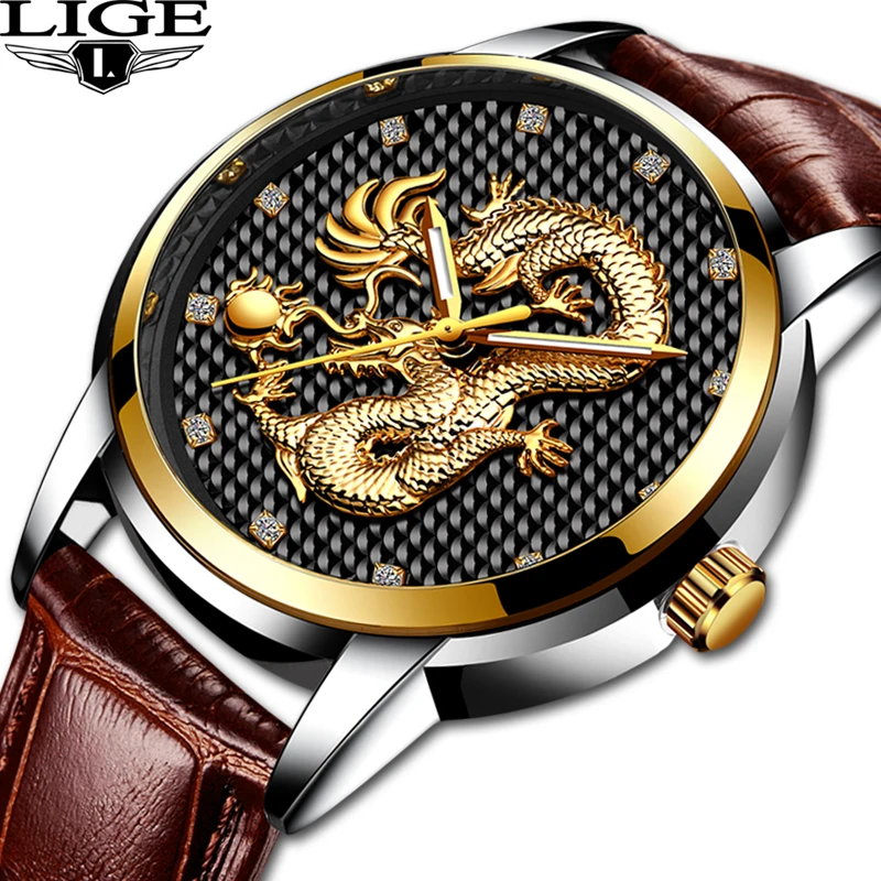 

LIGE New Mens Watches Top Brand Luxury Quartz Watch Men Casual Gold Dragon Leather Waterproof Sport WristWatch Relogio Masculino