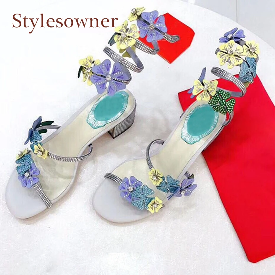 

Stylesowner new design flowers snake ankle strap diamond gladiator sandals for women crystal stud chunky heel party wedding shoe