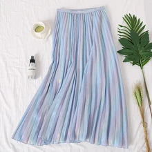 Уличная Лазерная Радуга дизайн женские плиссированные юбки Винтаж градиент шифоновая юбка летняя Корейская Высокая талия миди юбки женские