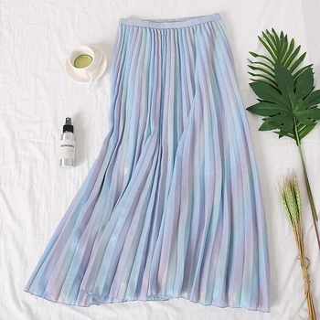 

Streetwear Rainbow Laser Design Pleated Skirt Women Vintage Gradient Chiffon Skirt Summer Korean High Waist Midi Skirts Female