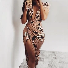 Женское платье с цветочным принтом и глубоким v-образным вырезом, облегающее платье с коротким рукавом, вечерние платья, сексуальные женские мини-платья с разрезом, летний костюм