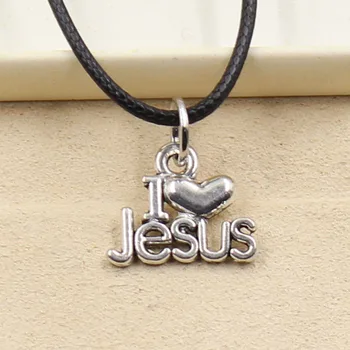 

New Fashion Tibetan Silver Color Pendant I Love Jesus Necklace Choker Charm Black Leather Cord Factory Price Handmade Jewelry