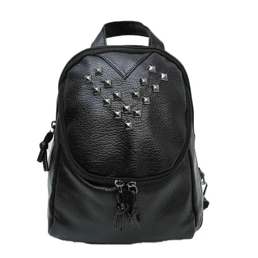 

Women Rivet Fashion Travel Backpack Solid Leather Satchel Girls School Bag Brand New Zipper Bags Mochilas Femininas #6916