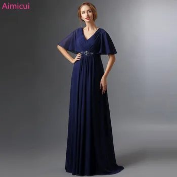

Dark Blue 2019 Mother Of The Bride Dresses A-line V-neck Half Sleeves Chiffon Beaded Long Elegant Groom Mother Dresses Wedding