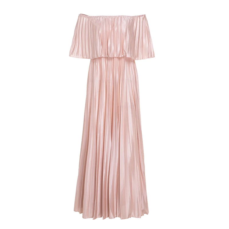 Off Shoulder Chiffon Summer Dresses Women Ruffle Pleated Long Dress Pink Elegant Holiday Loose Beach Dress Female 2019 (2)